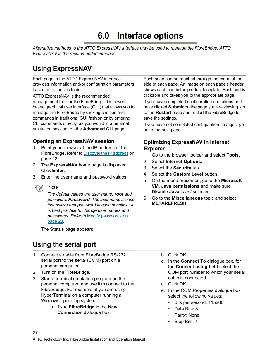 0 interface options, Using expressnav, Opening an expressnav session | Optimizing expressnav in internet explorer, Using the serial port, Interface, Options, Apping. refer to, Interface options, Using | ATTO Technology 2400C/R/D User Manual | Page 32 / 50