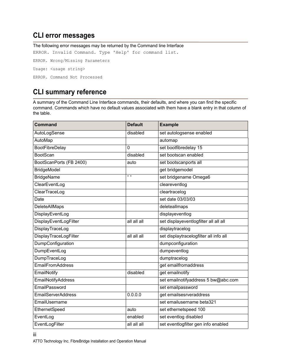 Cli error messages, Cli summary reference, Cli error messages cli summary reference | ATTO Technology 2400C/R/D User Manual | Page 36 / 50