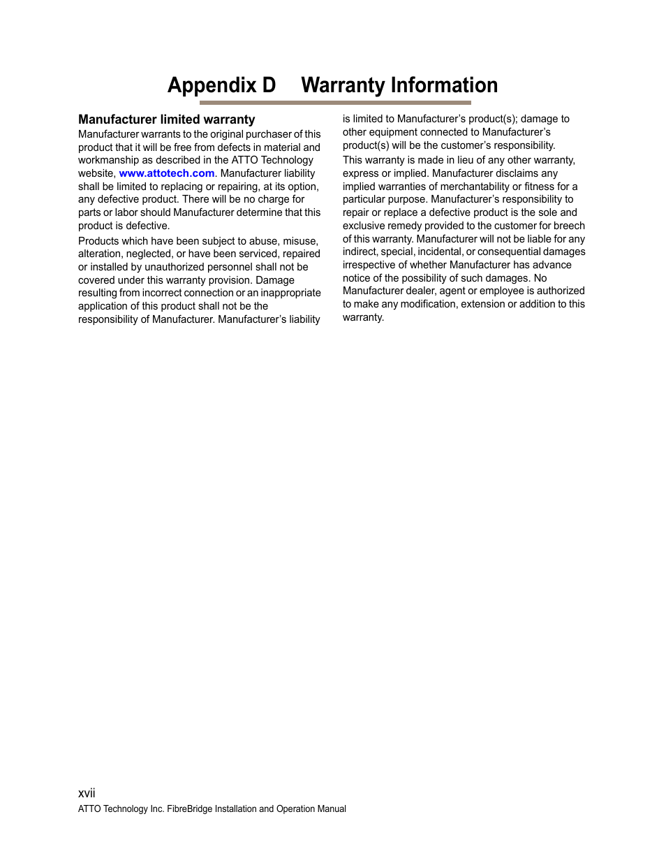 Appendix d warranty information, Manufacturer limited warranty | ATTO Technology 2400C/R/D User Manual | Page 50 / 50
