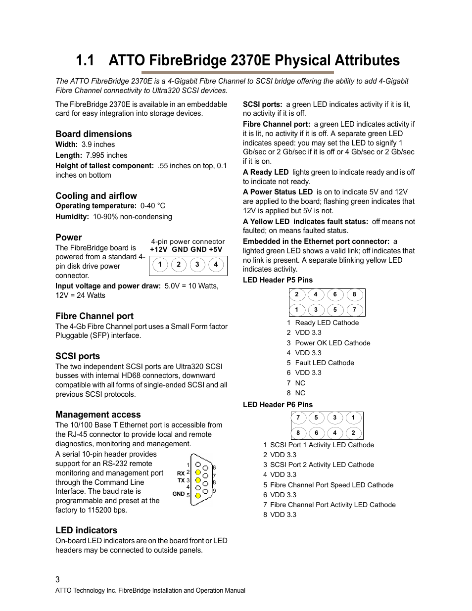 1 atto fibrebridge 2370e physical attributes, Board dimensions, Cooling and airflow | Power, Fibre channel port, Scsi ports, Management access, Led indicators | ATTO Technology 2400C/R/D User Manual | Page 8 / 50