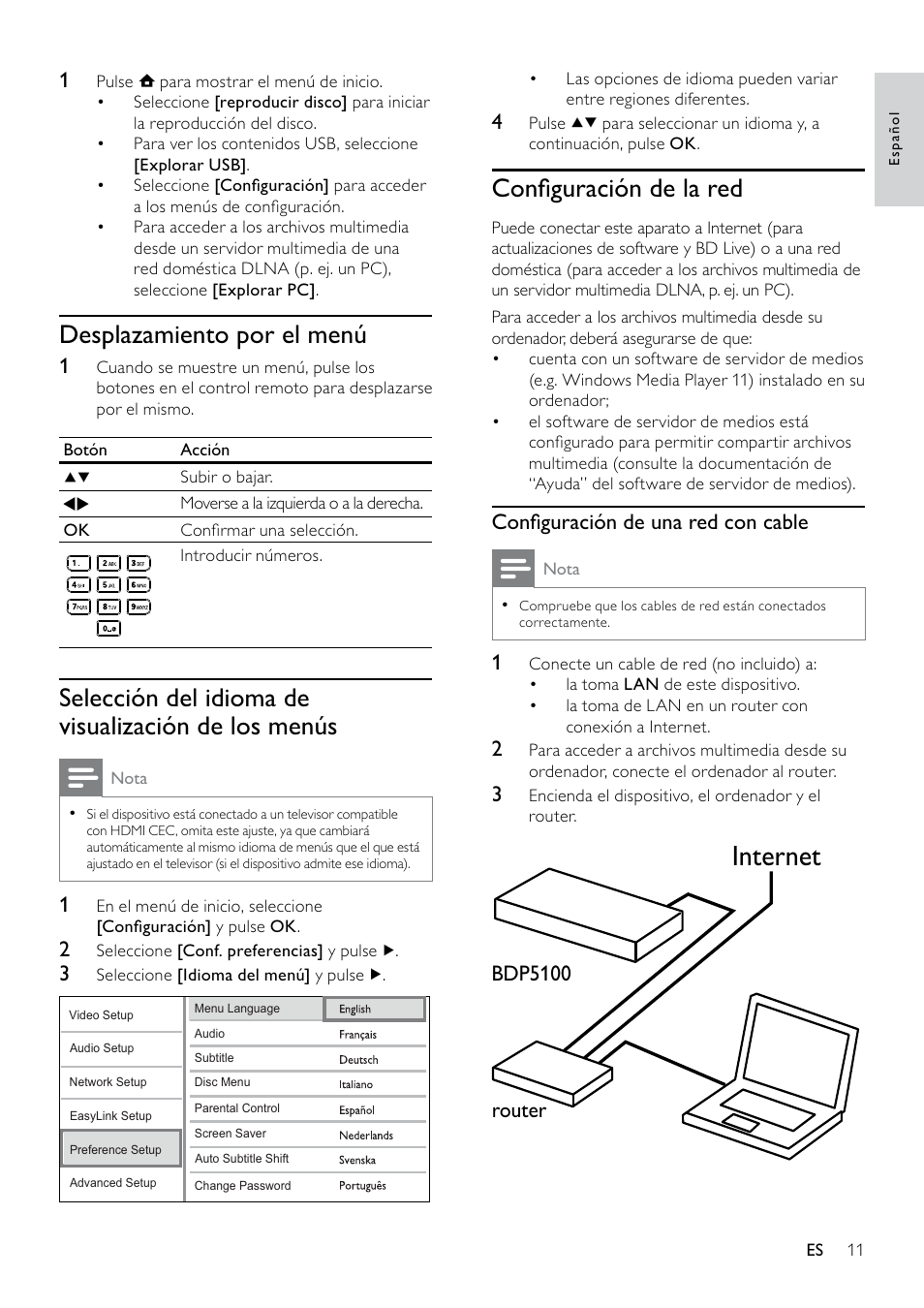 Desplazamiento por el menú, Selección del idioma de visualización de los menús, Configuración de la red | Selección del idioma de visualización de los, Menús 11, Conﬁguración de la red, Internet | Philips 5000 series Reproductor de Blu-ray Disc User Manual | Page 11 / 53