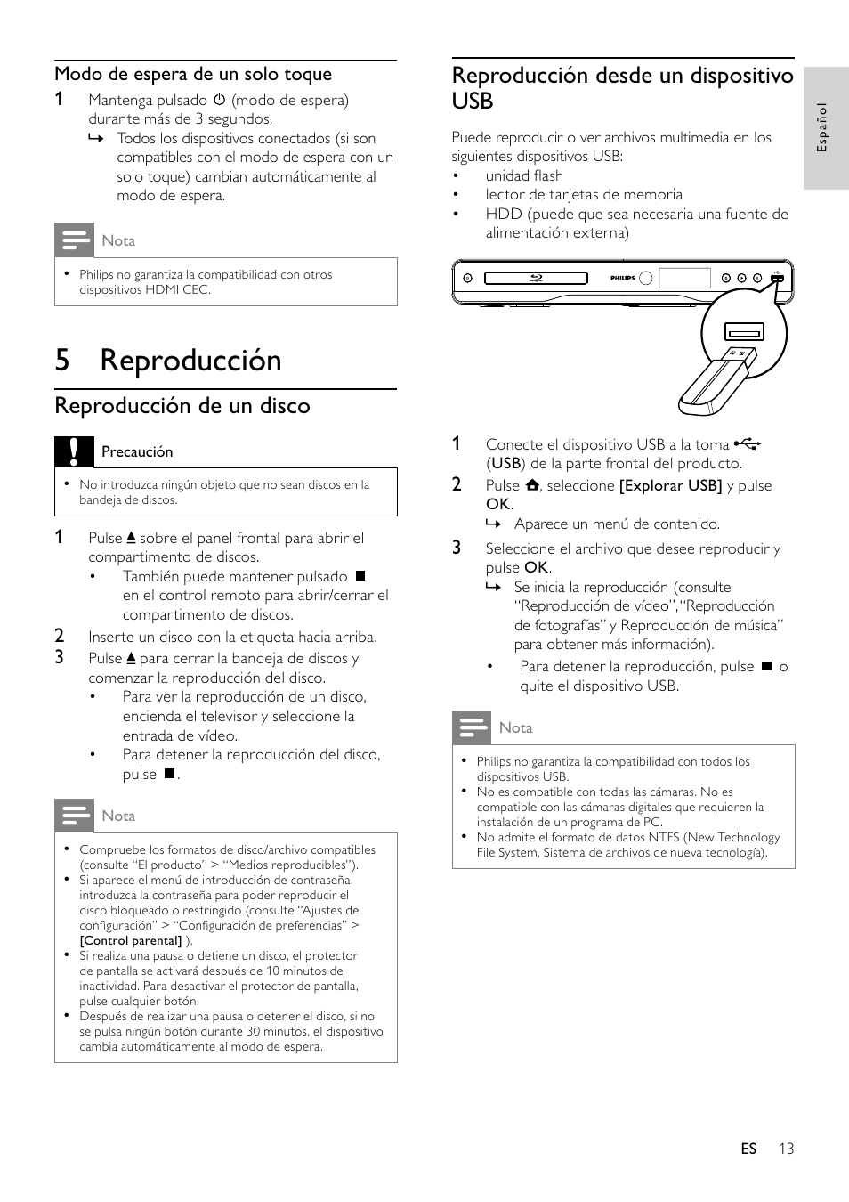 5 reproducción, Reproducción de un disco, Reproducción desde un dispositivo usb | Philips 5000 series Reproductor de Blu-ray Disc User Manual | Page 13 / 53