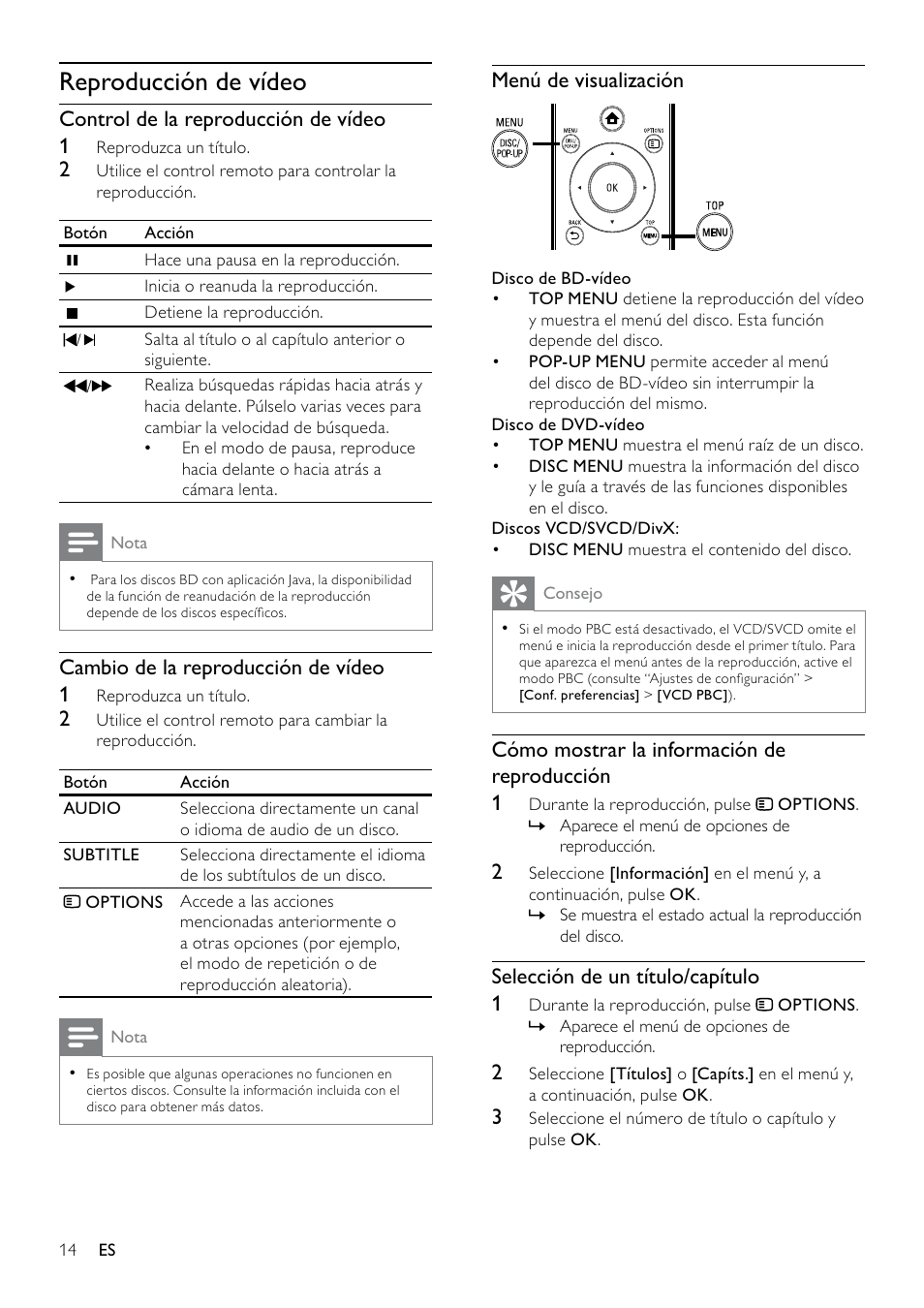 Reproducción de vídeo | Philips 5000 series Reproductor de Blu-ray Disc User Manual | Page 14 / 53