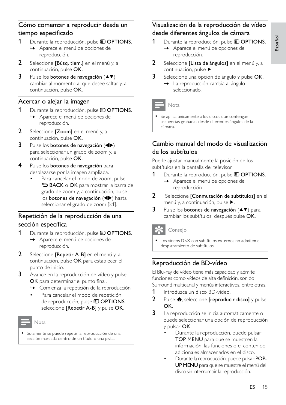 Reproducción de bd-vídeo, Acercar o alejar la imagen 1 | Philips 5000 series Reproductor de Blu-ray Disc User Manual | Page 15 / 53