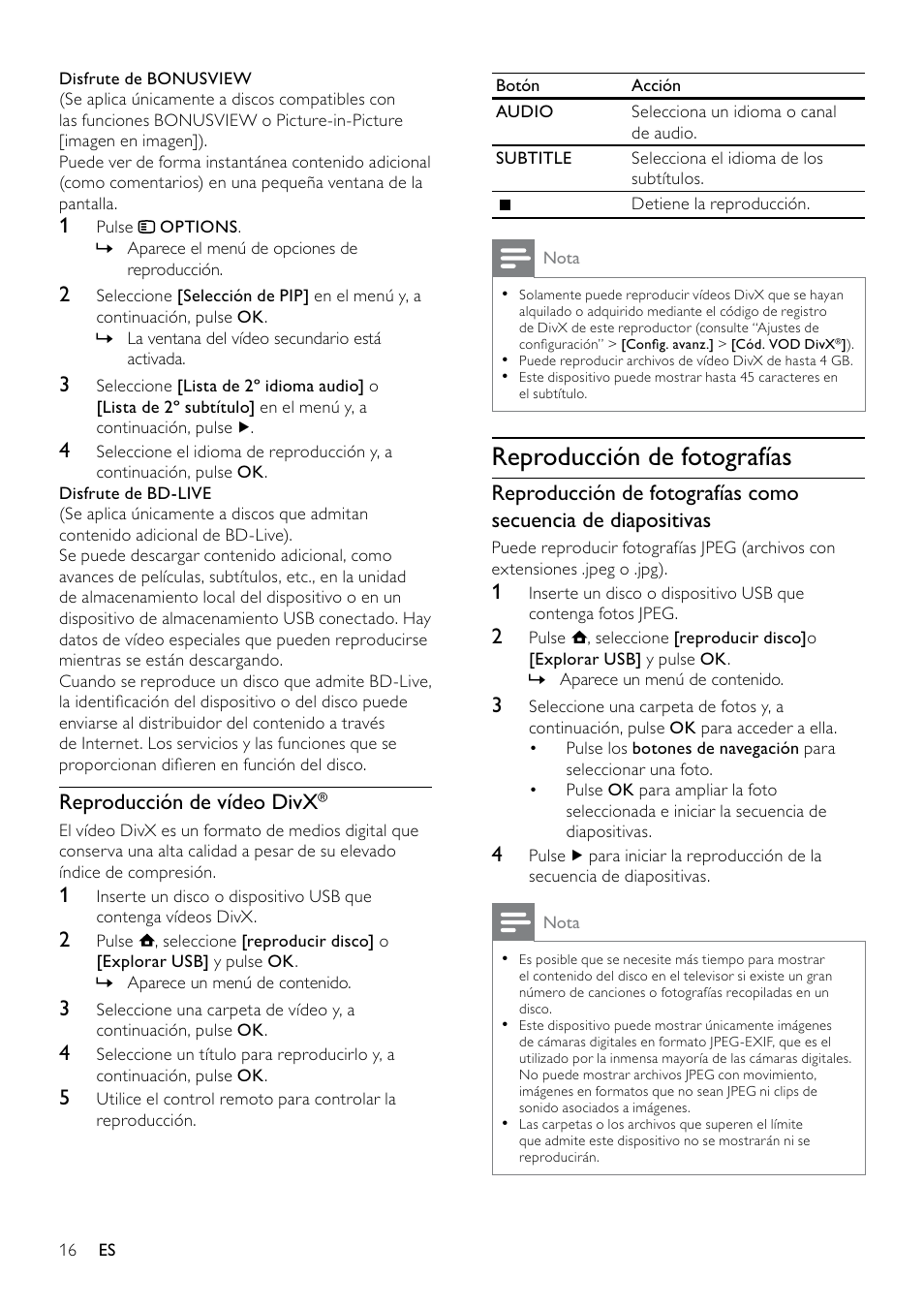 Reproducción de fotografías, Reproducción de vídeo divx | Philips 5000 series Reproductor de Blu-ray Disc User Manual | Page 16 / 53