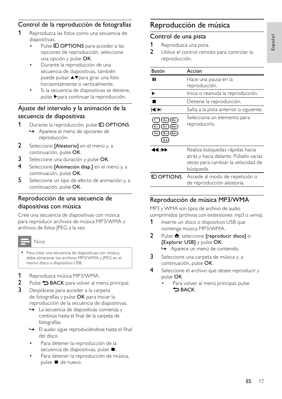 Reproducción de música | Philips 5000 series Reproductor de Blu-ray Disc User Manual | Page 17 / 53