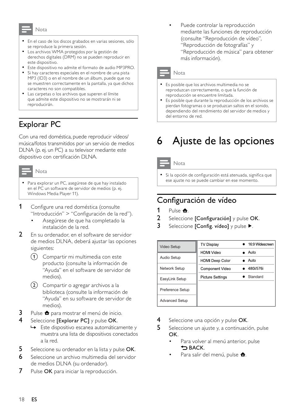 Explorar pc, 6 ajuste de las opciones, Configuración de vídeo | Ajuste de las opciones, Conﬁguración de vídeo | Philips 5000 series Reproductor de Blu-ray Disc User Manual | Page 18 / 53