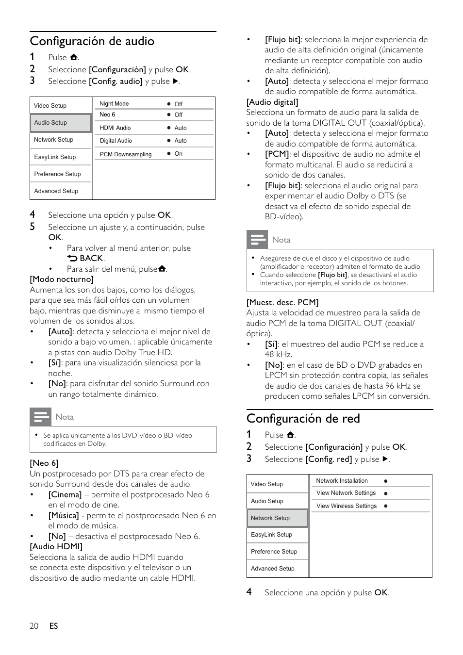 Configuración de audio, Configuración de red, Conﬁguración de audio | Conﬁguración de red | Philips 5000 series Reproductor de Blu-ray Disc User Manual | Page 20 / 53