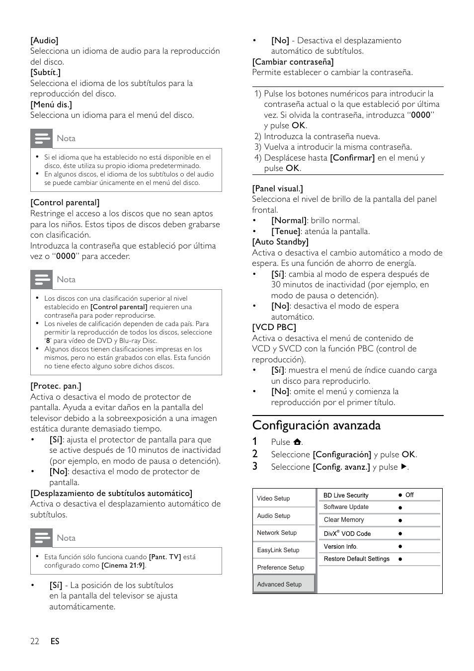 Configuración avanzada, Conﬁguración avanzada | Philips 5000 series Reproductor de Blu-ray Disc User Manual | Page 22 / 53