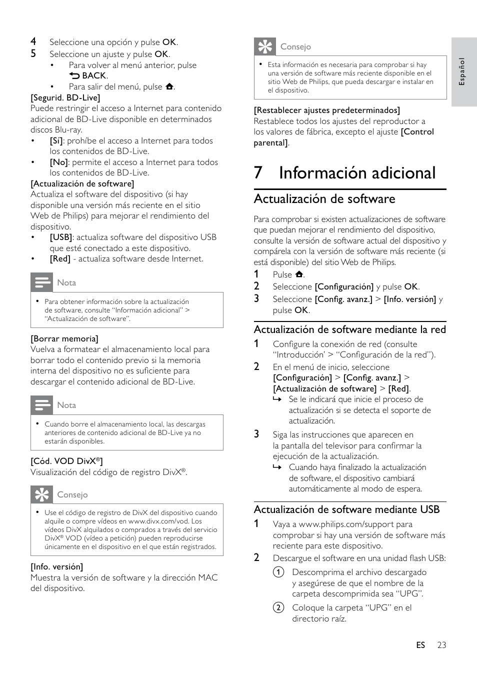 7 información adicional, Actualización de software, 7 información | Adicional, Actualización de software mediante la red 1, Actualización de software mediante usb 1 | Philips 5000 series Reproductor de Blu-ray Disc User Manual | Page 23 / 53