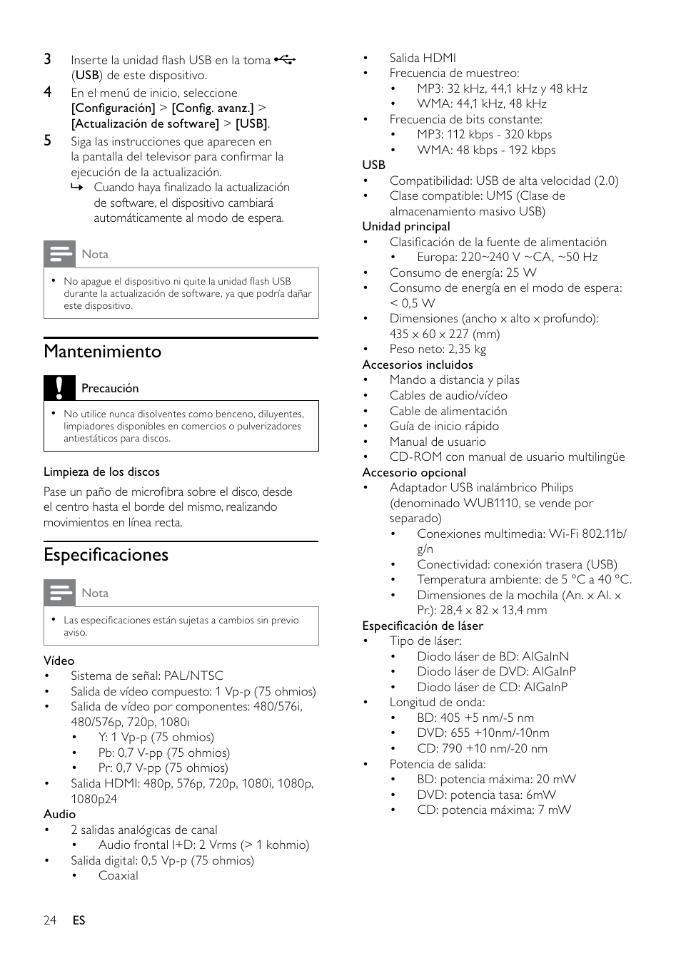 Mantenimiento, Especificaciones, Mantenimiento 24 especiﬁcaciones 24 | Especiﬁcaciones | Philips 5000 series Reproductor de Blu-ray Disc User Manual | Page 24 / 53