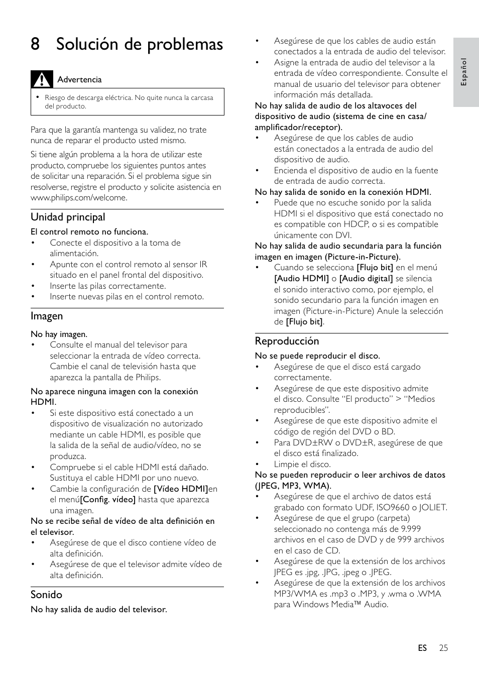 8 solución de problemas, Solución de problemas, Reproducción | Unidad principal, Imagen, Sonido | Philips 5000 series Reproductor de Blu-ray Disc User Manual | Page 25 / 53