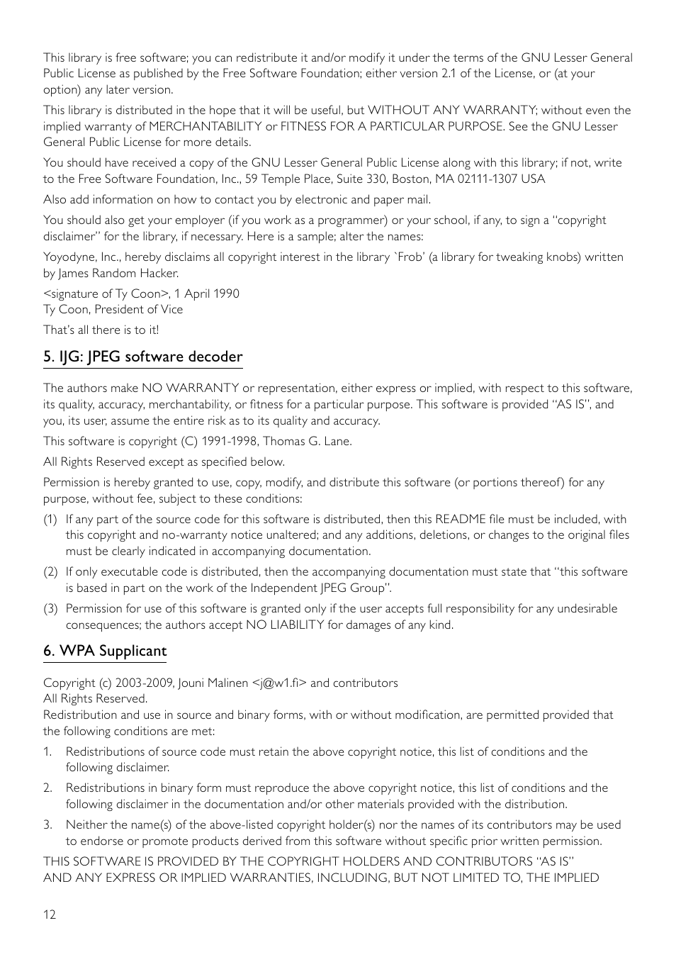 Ijg: jpeg software decoder, Wpa supplicant | Philips 5000 series Reproductor de Blu-ray Disc User Manual | Page 39 / 53