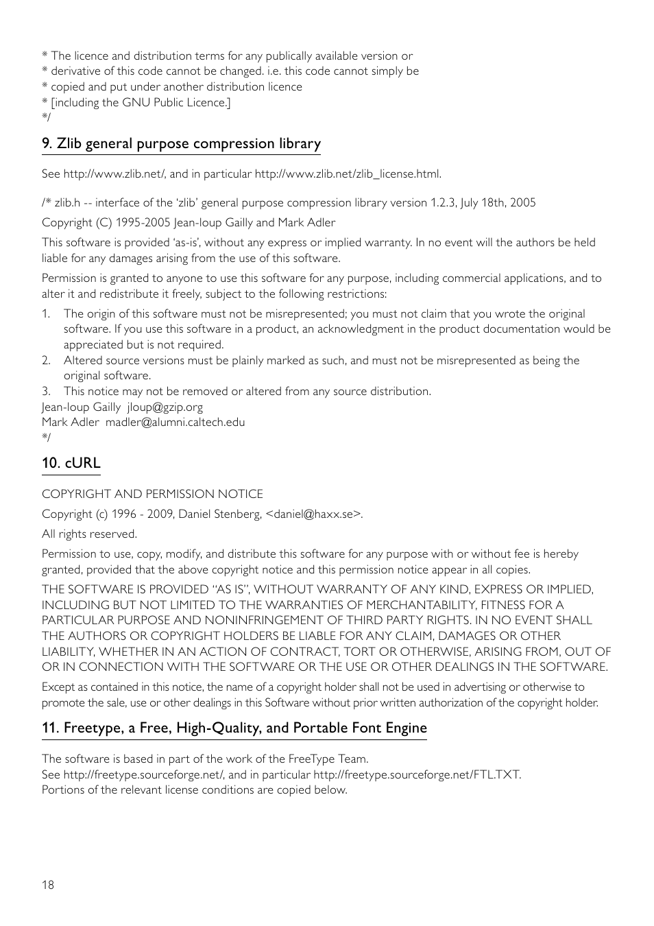 Zlib general purpose compression library, Curl | Philips 5000 series Reproductor de Blu-ray Disc User Manual | Page 45 / 53