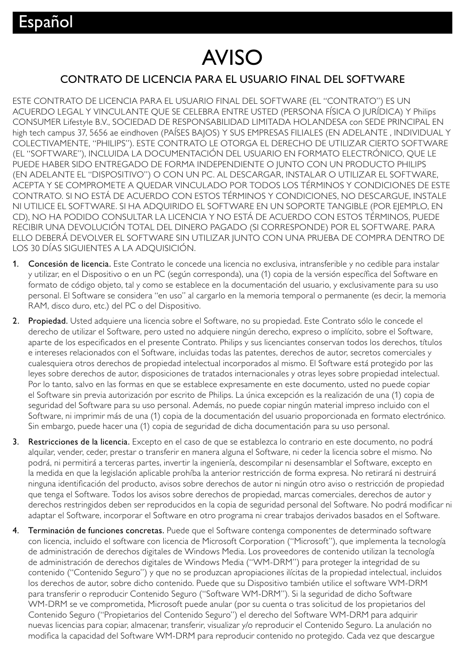 Aviso, Español | Philips 5000 series Reproductor de Blu-ray Disc User Manual | Page 50 / 53