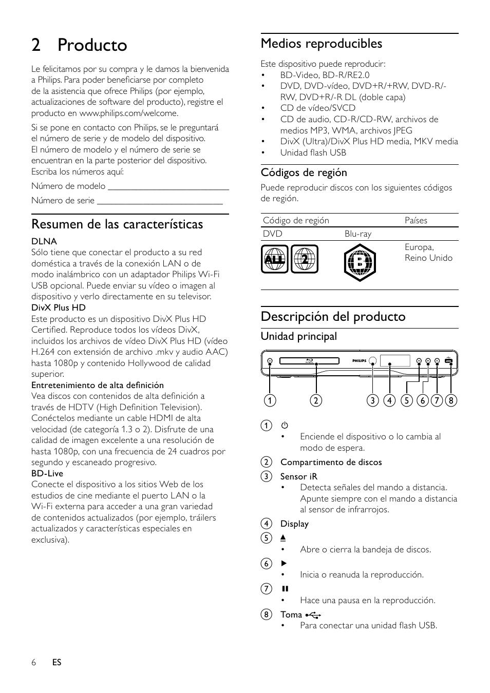 2 producto, Resumen de las características, Medios reproducibles | Descripción del producto | Philips 5000 series Reproductor de Blu-ray Disc User Manual | Page 6 / 53