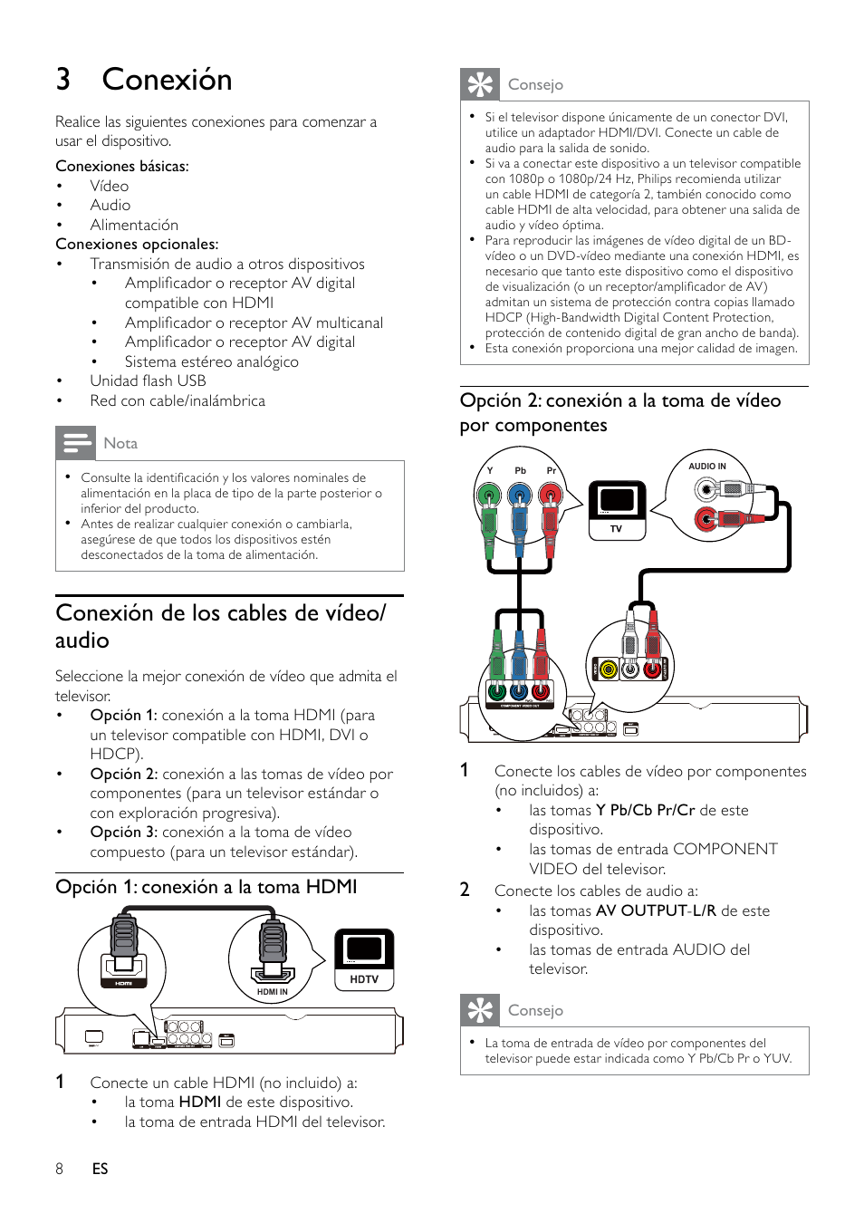 3 conexión, Conexión de los cables de vídeo/audio | Philips 5000 series Reproductor de Blu-ray Disc User Manual | Page 8 / 53