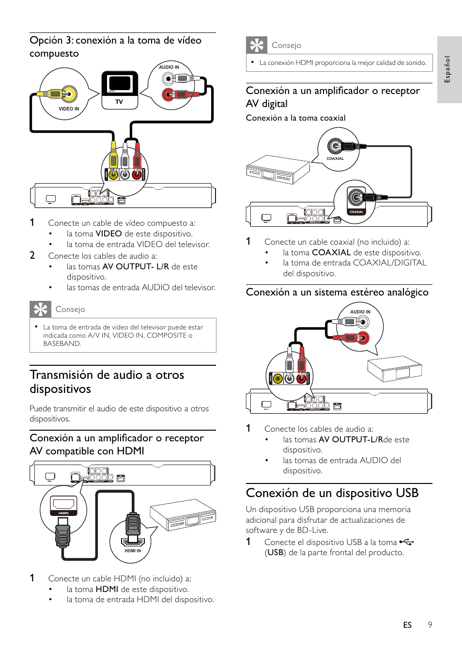 Transmisión de audio a otros dispositivos, Conexión de un dispositivo usb | Philips 5000 series Reproductor de Blu-ray Disc User Manual | Page 9 / 53