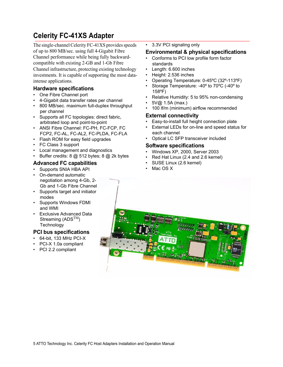 Celerity fc-41xs adapter, Hardware specifications, Advanced fc capabilities | Pci bus specifications, Environmental & physical specifications, External connectivity, Software specifications | ATTO Technology Celerity FC host adapters FC-44ES 4-Gb User Manual | Page 10 / 35