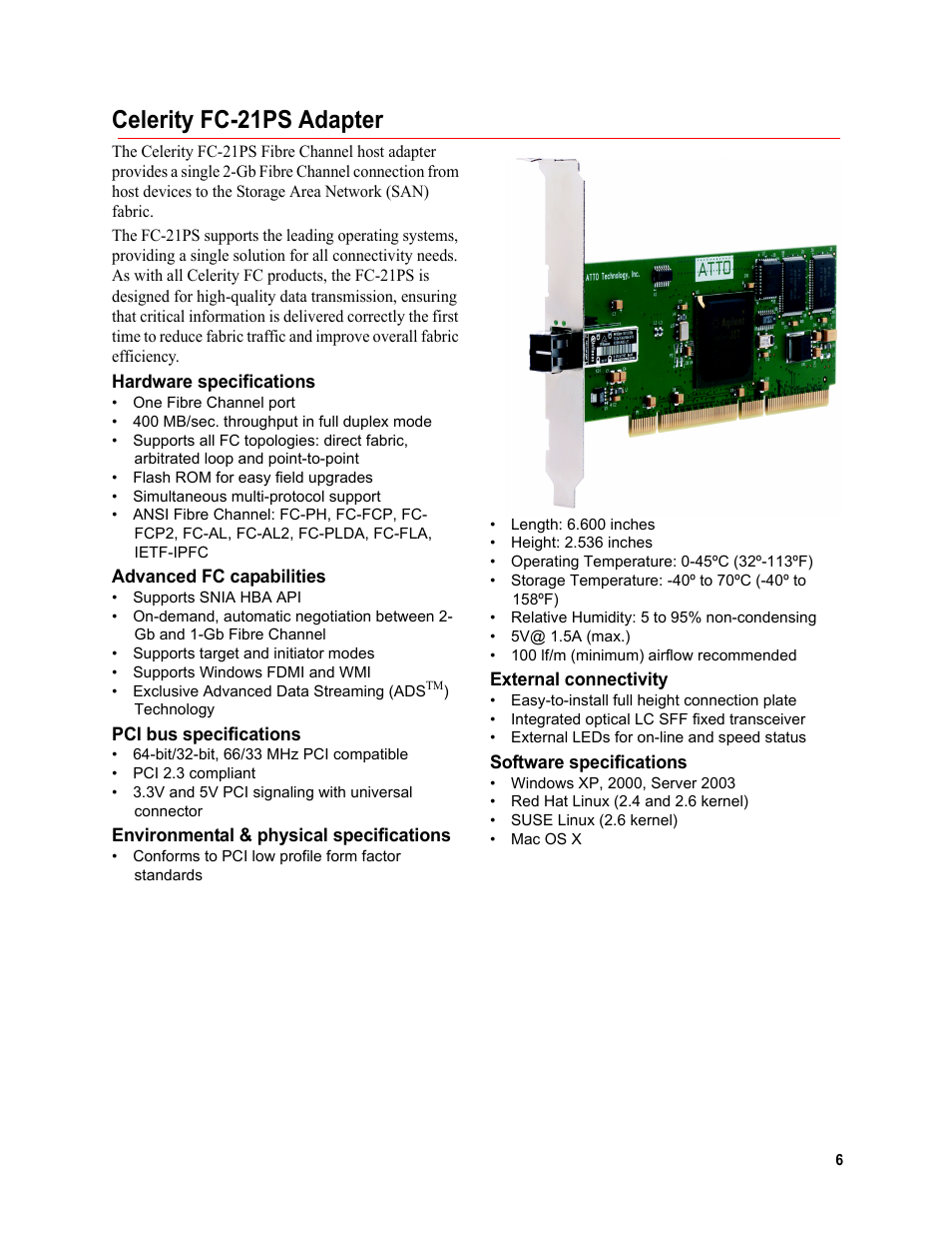 Celerity fc-21ps adapter, Hardware specifications, Advanced fc capabilities | Pci bus specifications, Environmental & physical specifications, External connectivity, Software specifications | ATTO Technology Celerity FC host adapters FC-44ES 4-Gb User Manual | Page 11 / 35