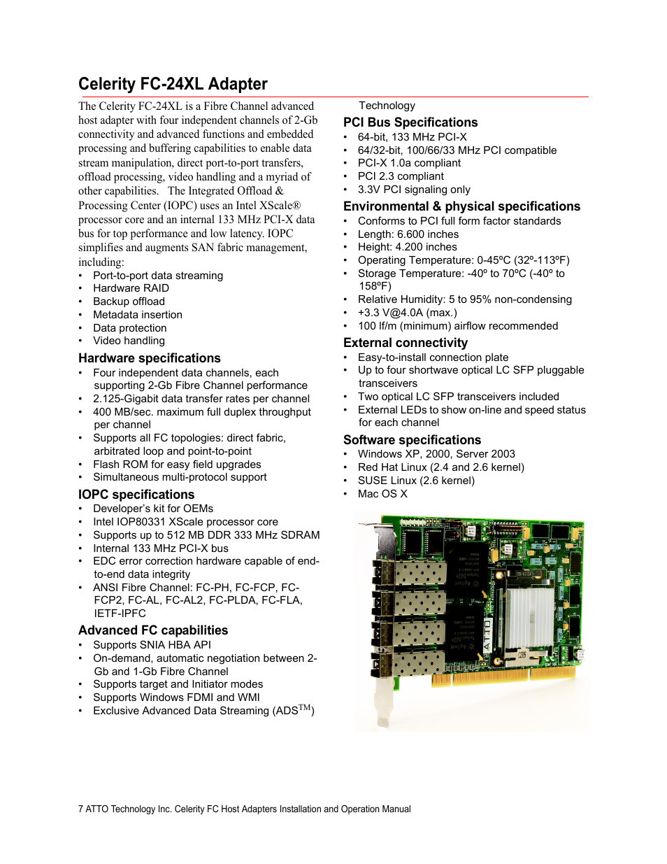 Celerity fc-24xl adapter, Hardware specifications, Iopc specifications | Advanced fc capabilities, Pci bus specifications, Environmental & physical specifications, External connectivity, Software specifications | ATTO Technology Celerity FC host adapters FC-44ES 4-Gb User Manual | Page 12 / 35