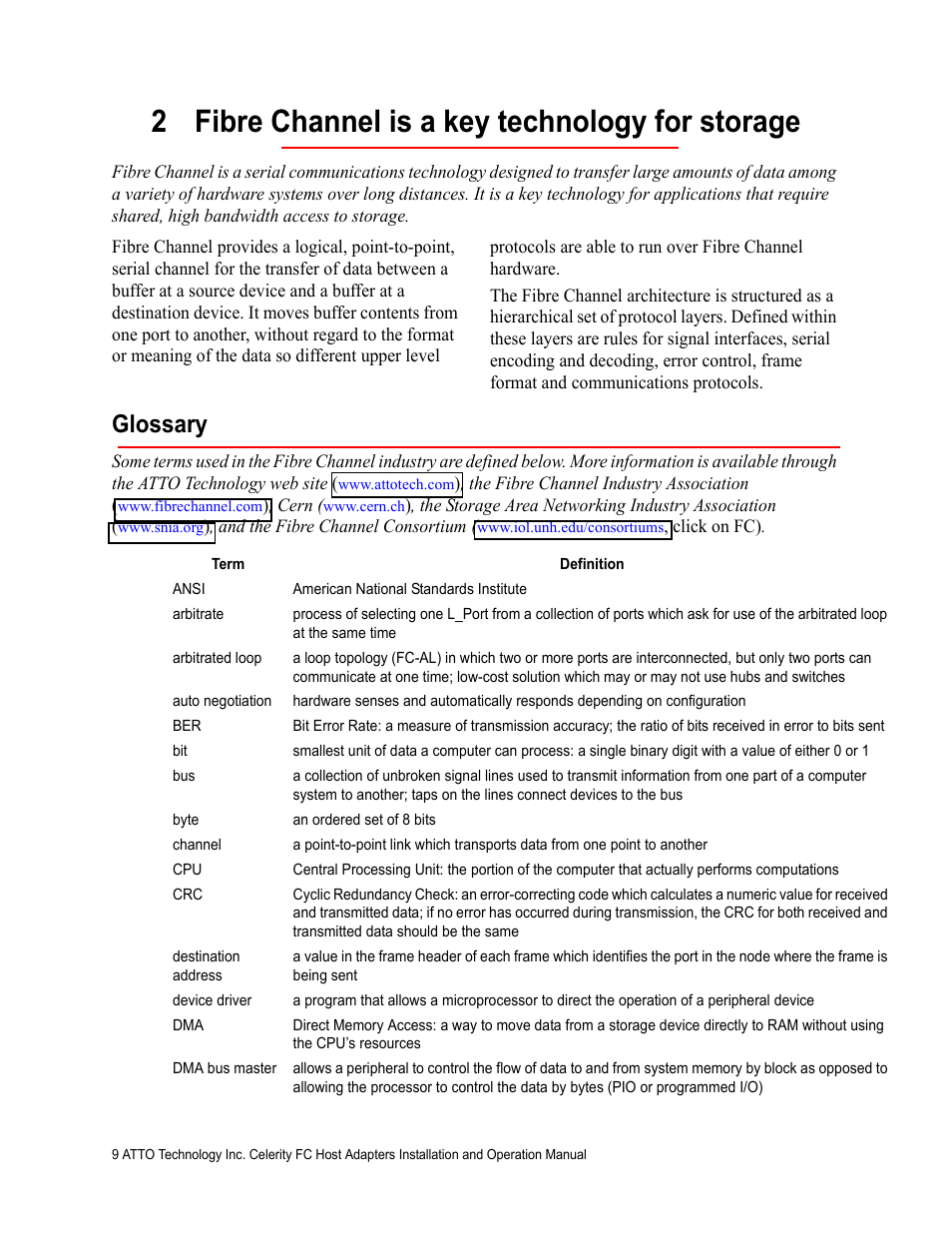 2 fibre channel is a key technology for storage, Glossary | ATTO Technology Celerity FC host adapters FC-44ES 4-Gb User Manual | Page 14 / 35