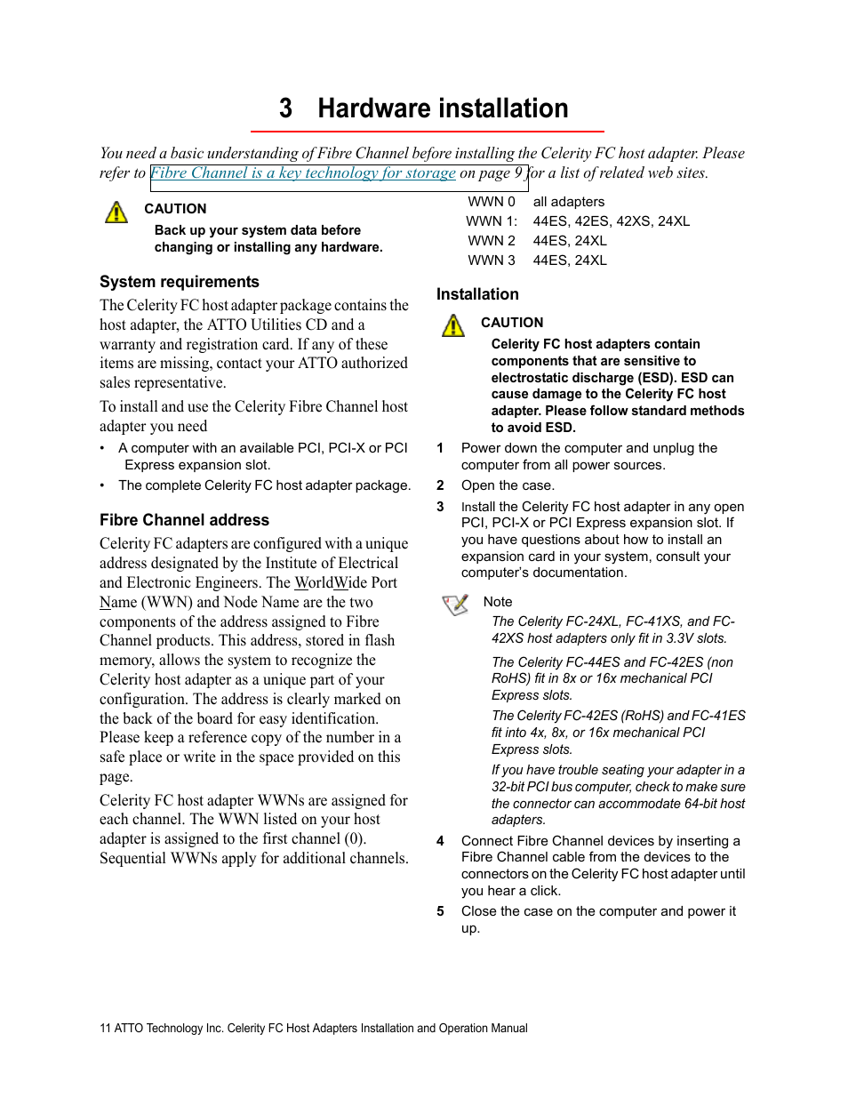 3 hardware installation, System requirements, Fibre channel address | Installation | ATTO Technology Celerity FC host adapters FC-44ES 4-Gb User Manual | Page 16 / 35
