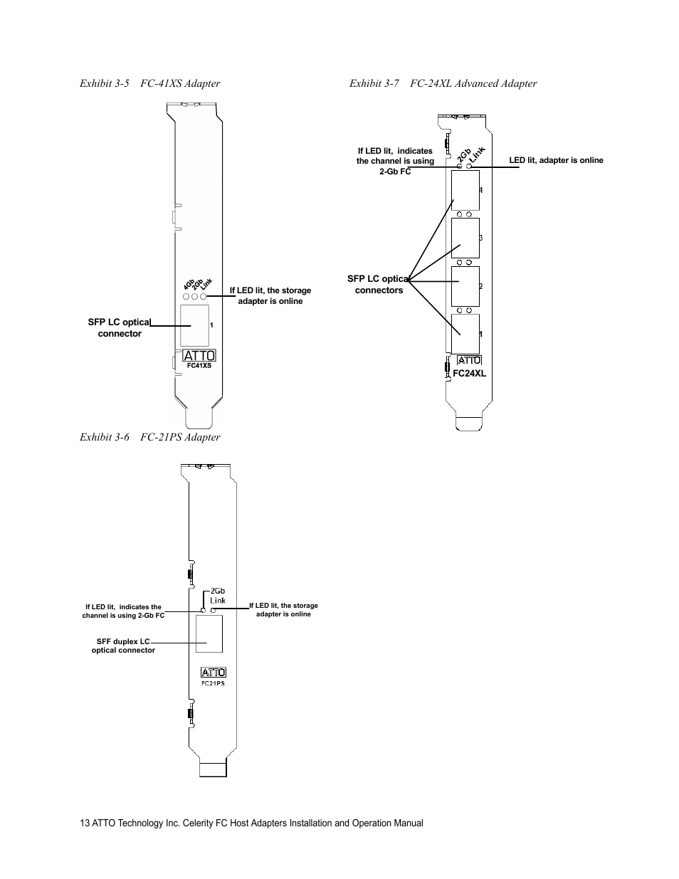 Exhibit 3-5 fc-41xs adapter, Exhibit 3-6 fc-21ps adapter, Exhibit 3-7 fc-24xl advanced adapter | ATTO Technology Celerity FC host adapters FC-44ES 4-Gb User Manual | Page 18 / 35