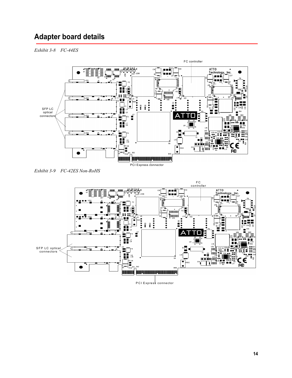 Adapter board details, Exhibit 3-8 fc-44es, Exhibit 3-9 fc-42es non-rohs | ATTO Technology Celerity FC host adapters FC-44ES 4-Gb User Manual | Page 19 / 35