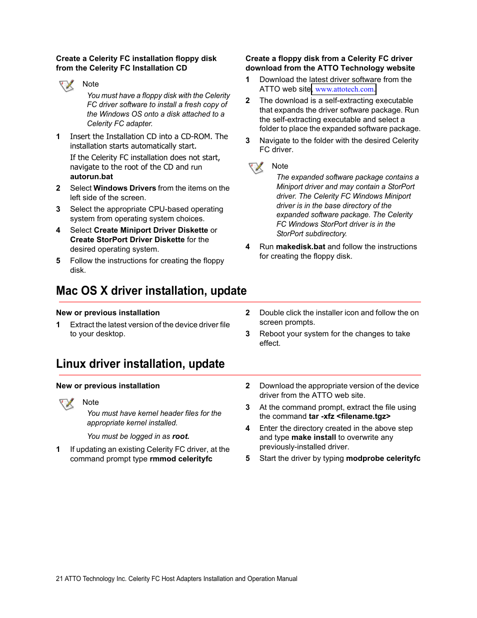 Mac os x driver installation, update, Linux driver installation, update | ATTO Technology Celerity FC host adapters FC-44ES 4-Gb User Manual | Page 26 / 35