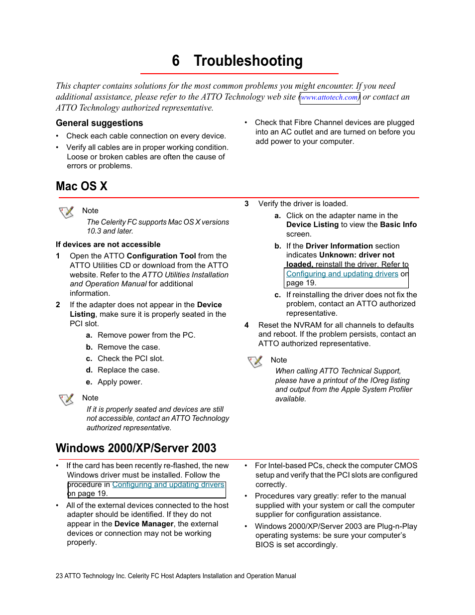 6 troubleshooting, General suggestions, Mac os x | Windows 2000/xp/server 2003, Mac os x windows 2000/xp/server 2003 | ATTO Technology Celerity FC host adapters FC-44ES 4-Gb User Manual | Page 28 / 35