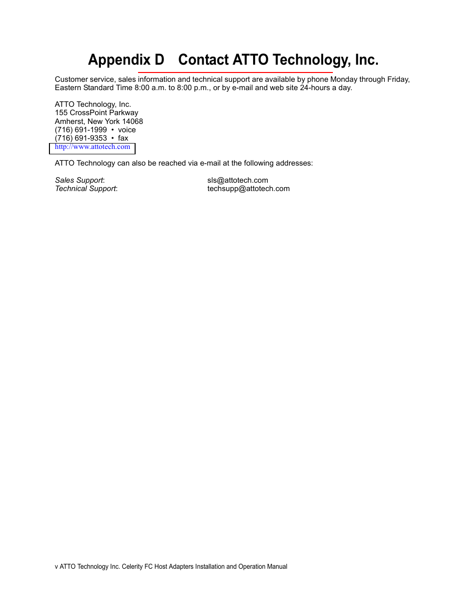 Appendix d contact atto technology, inc | ATTO Technology Celerity FC host adapters FC-44ES 4-Gb User Manual | Page 34 / 35