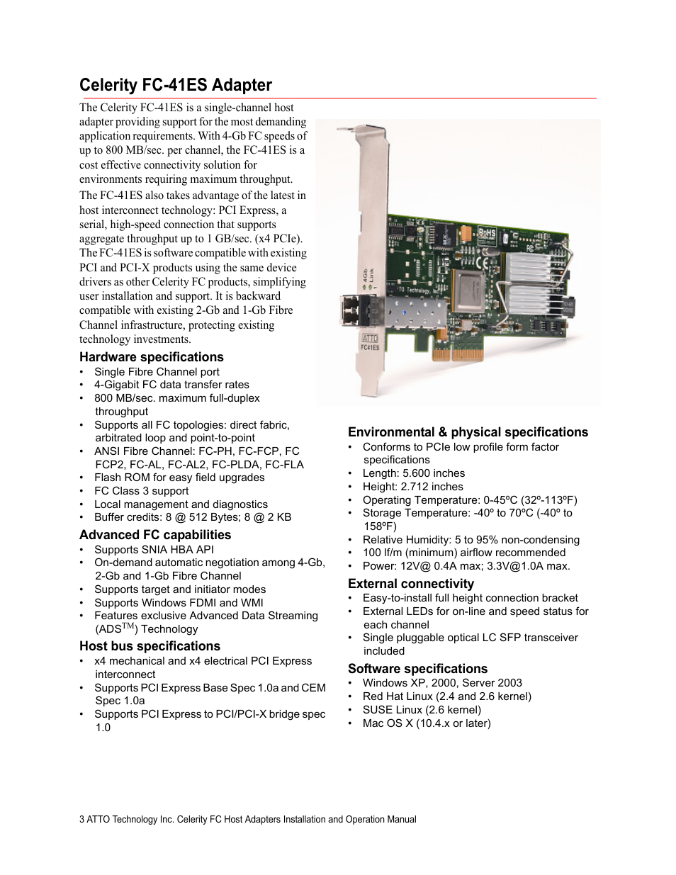 Celerity fc-41es adapter, Hardware specifications, Advanced fc capabilities | Host bus specifications, Environmental & physical specifications, External connectivity, Software specifications | ATTO Technology Celerity FC host adapters FC-44ES 4-Gb User Manual | Page 8 / 35