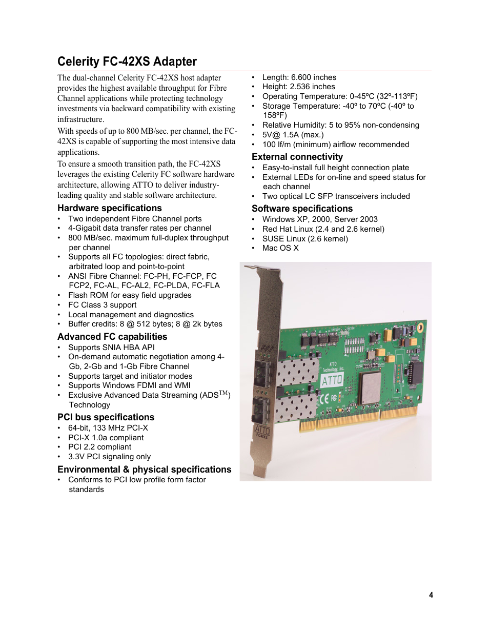 Celerity fc-42xs adapter, Hardware specifications, Advanced fc capabilities | Pci bus specifications, Environmental & physical specifications, External connectivity, Software specifications | ATTO Technology Celerity FC host adapters FC-44ES 4-Gb User Manual | Page 9 / 35
