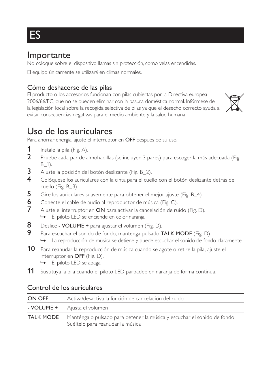 Importante, Uso de los auriculares | Philips Auriculares con reducción de ruido User Manual | Page 3 / 4