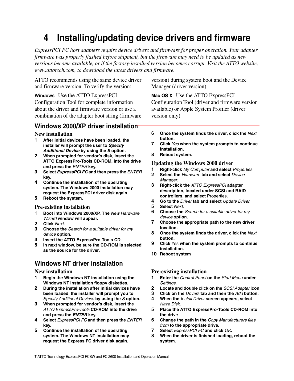4 installing/updating device drivers and firmware, Windows 2000/xp driver installation, Windows nt driver installation | ATTO Technology FCSW User Manual | Page 10 / 17
