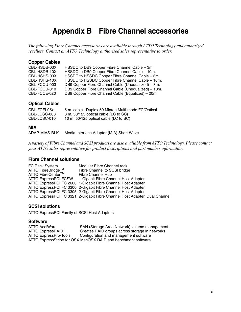Appendix b fibre channel accessories, Copper cables, Optical cables | Fibre channel solutions, Scsi solutions, Software | ATTO Technology FCSW User Manual | Page 15 / 17