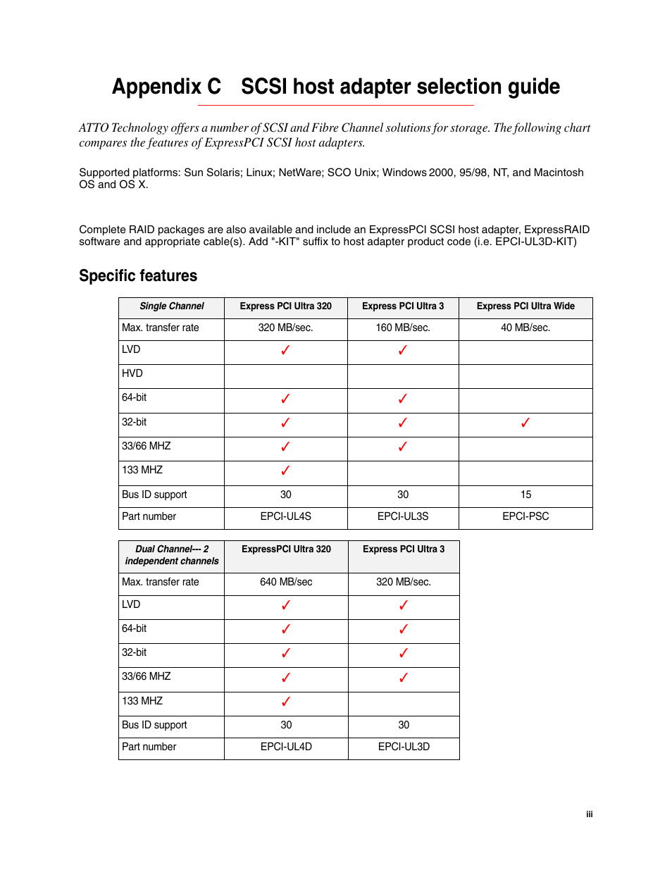 Appendix c scsi host adapter selection guide, Specific features | ATTO Technology FCSW User Manual | Page 16 / 17