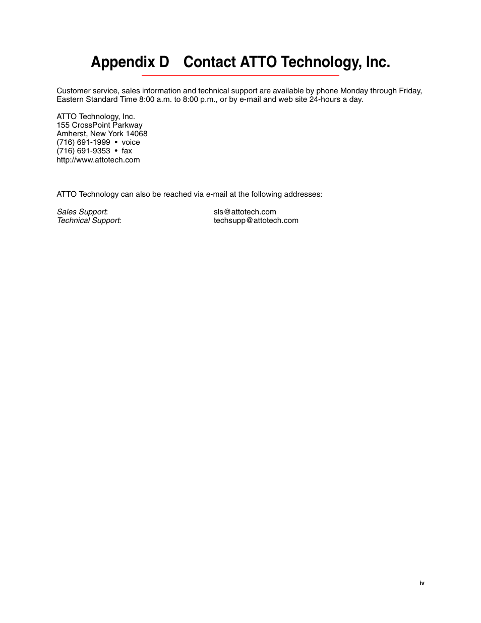 Appendix d contact atto technology, inc | ATTO Technology FCSW User Manual | Page 17 / 17