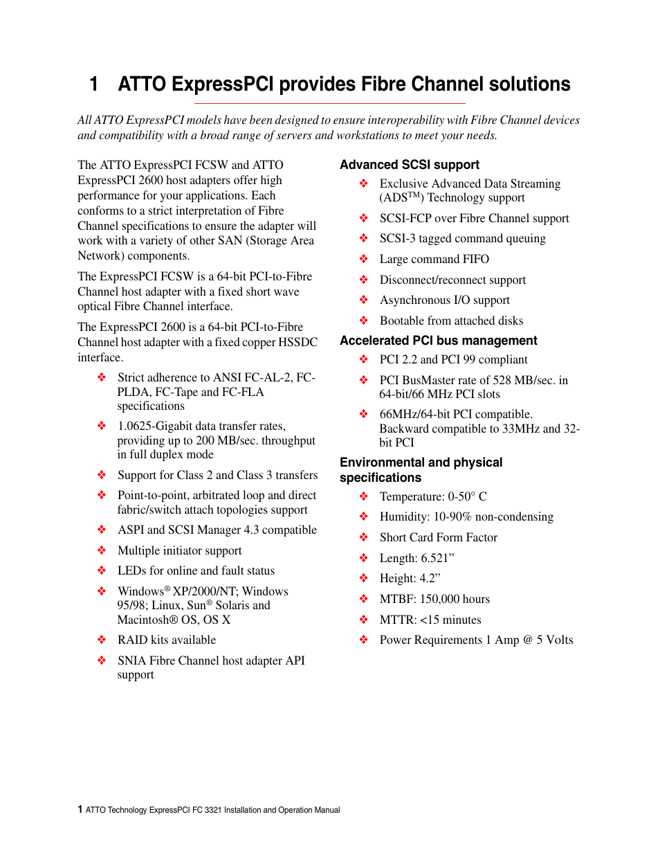 1 atto expresspci provides fibre channel solutions, Advanced scsi support, Accelerated pci bus management | Environmental and physical specifications | ATTO Technology FCSW User Manual | Page 4 / 17