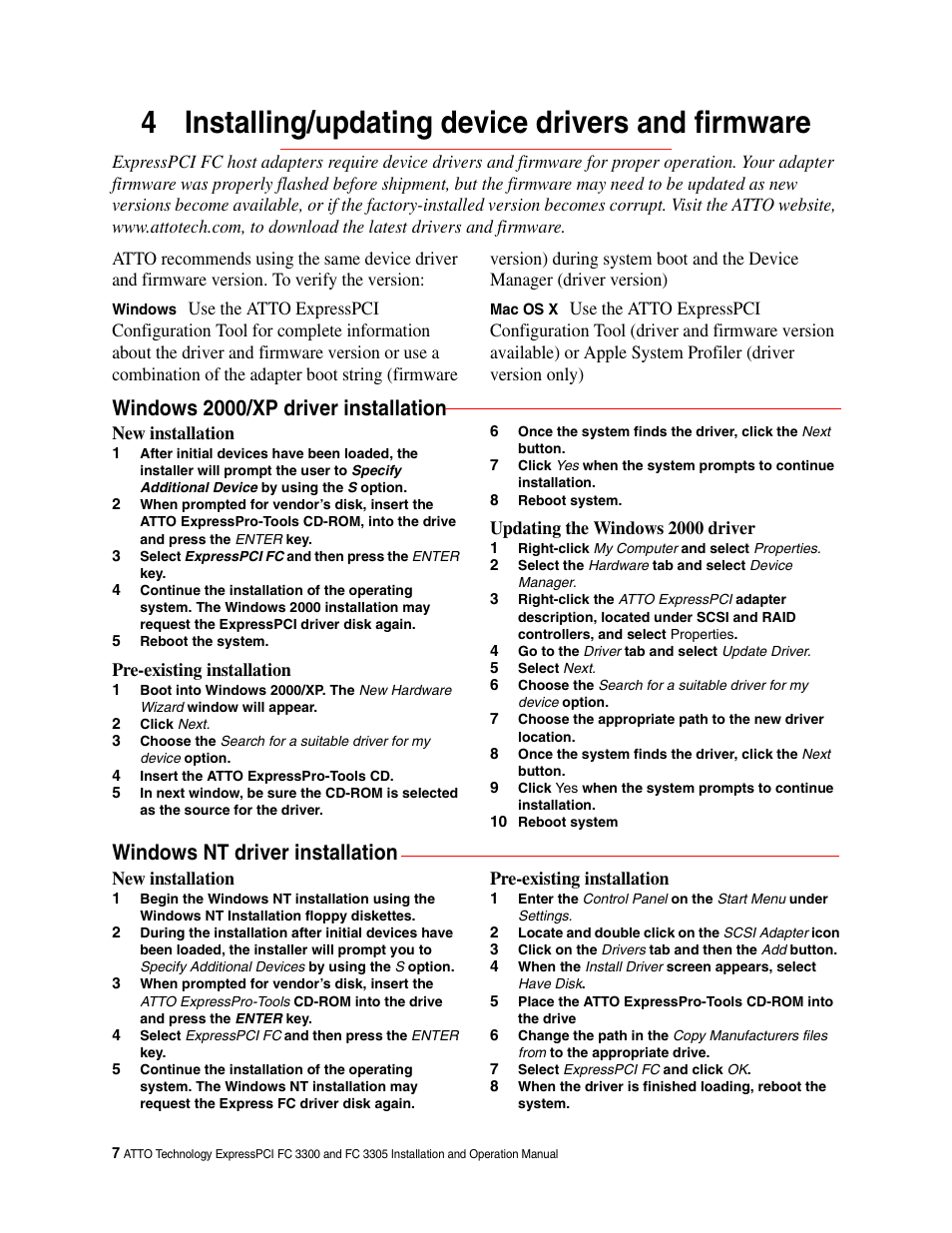 4 installing/updating device drivers and firmware, Windows 2000/xp driver installation, Windows nt driver installation | ATTO Technology FC 3300 User Manual | Page 10 / 17