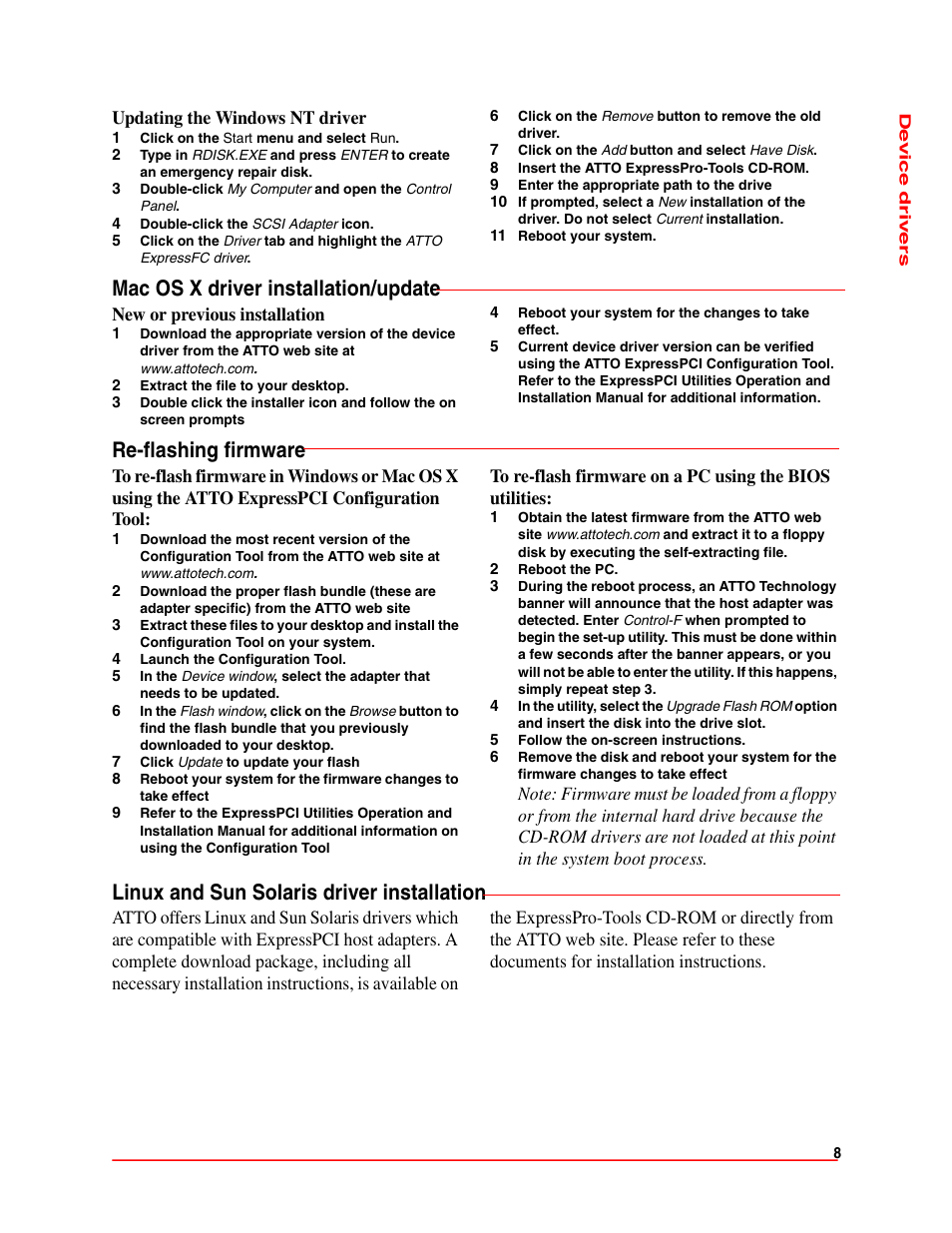 Mac os x driver installation/update, Re-flashing firmware, Linux and sun solaris driver installation | ATTO Technology FC 3300 User Manual | Page 11 / 17