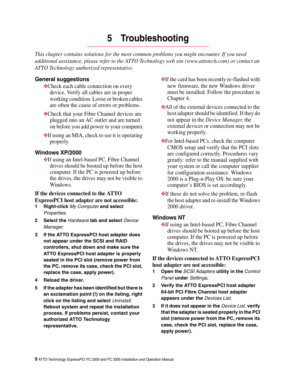 5 troubleshooting, General suggestions, Windows xp/2000 | Windows nt, General suggestions windows 2000/xp windows nt | ATTO Technology FC 3300 User Manual | Page 12 / 17