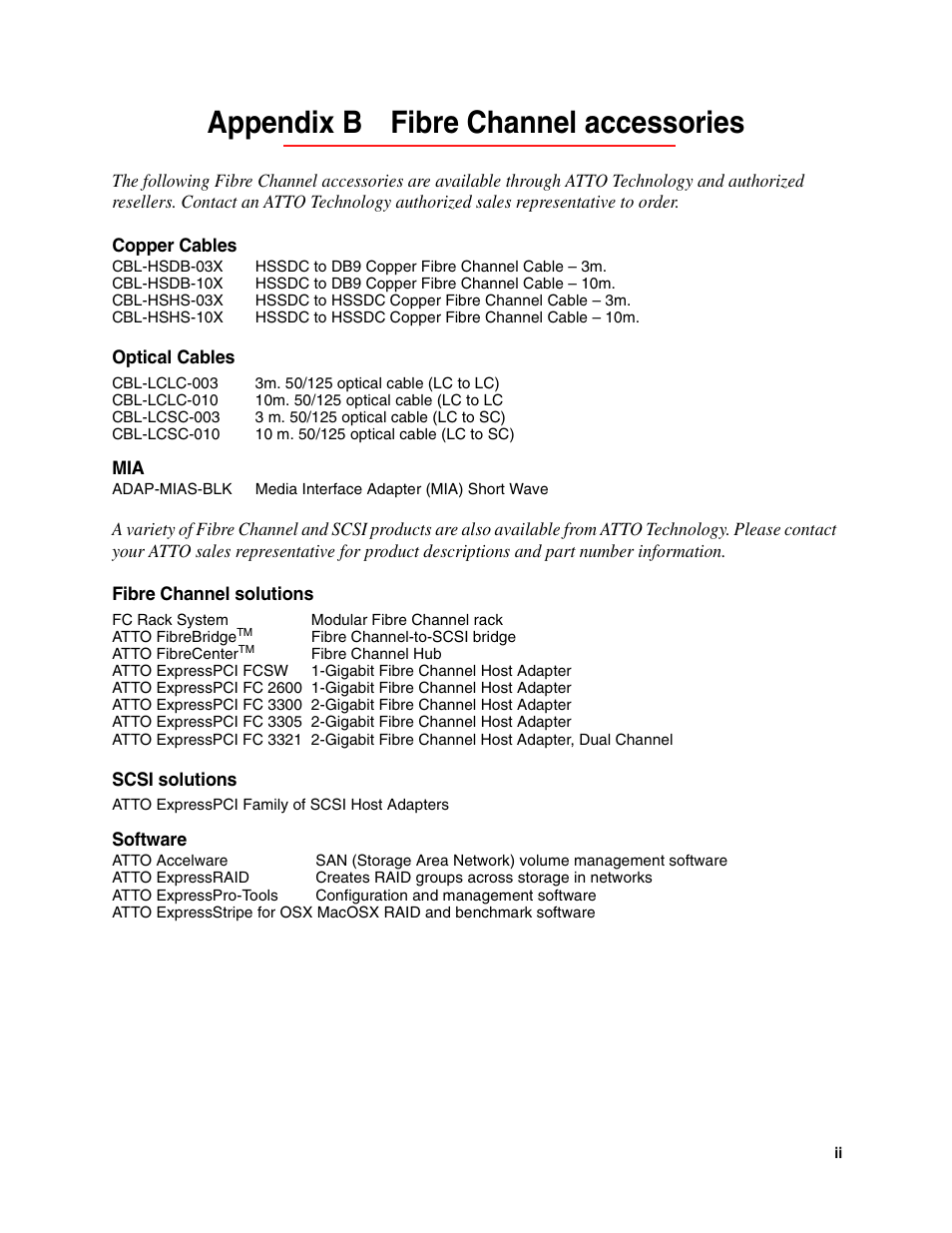 Appendix b fibre channel accessories, Copper cables, Optical cables | Fibre channel solutions, Scsi solutions, Software | ATTO Technology FC 3300 User Manual | Page 15 / 17