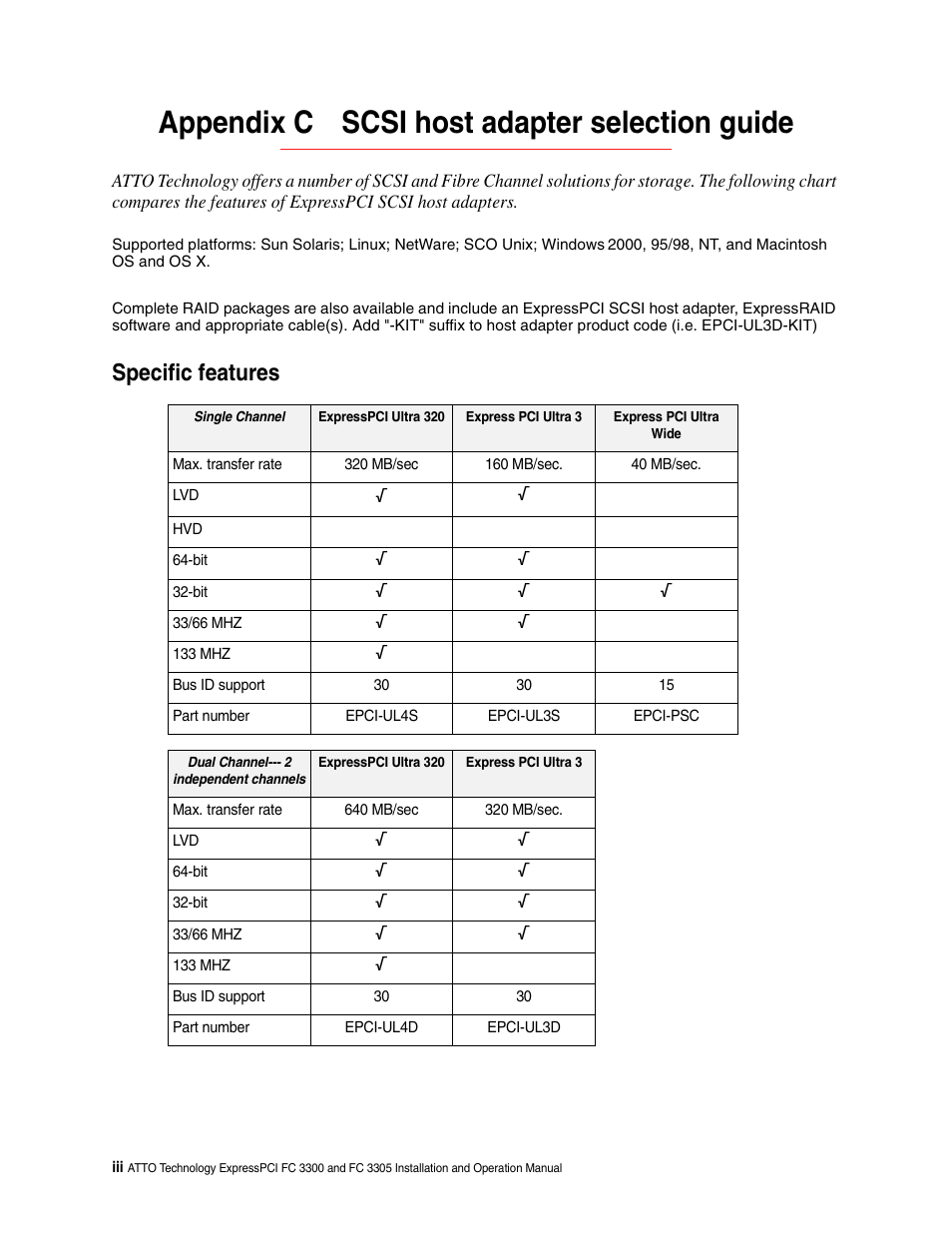 Appendix c scsi host adapter selection guide, Specific features | ATTO Technology FC 3300 User Manual | Page 16 / 17