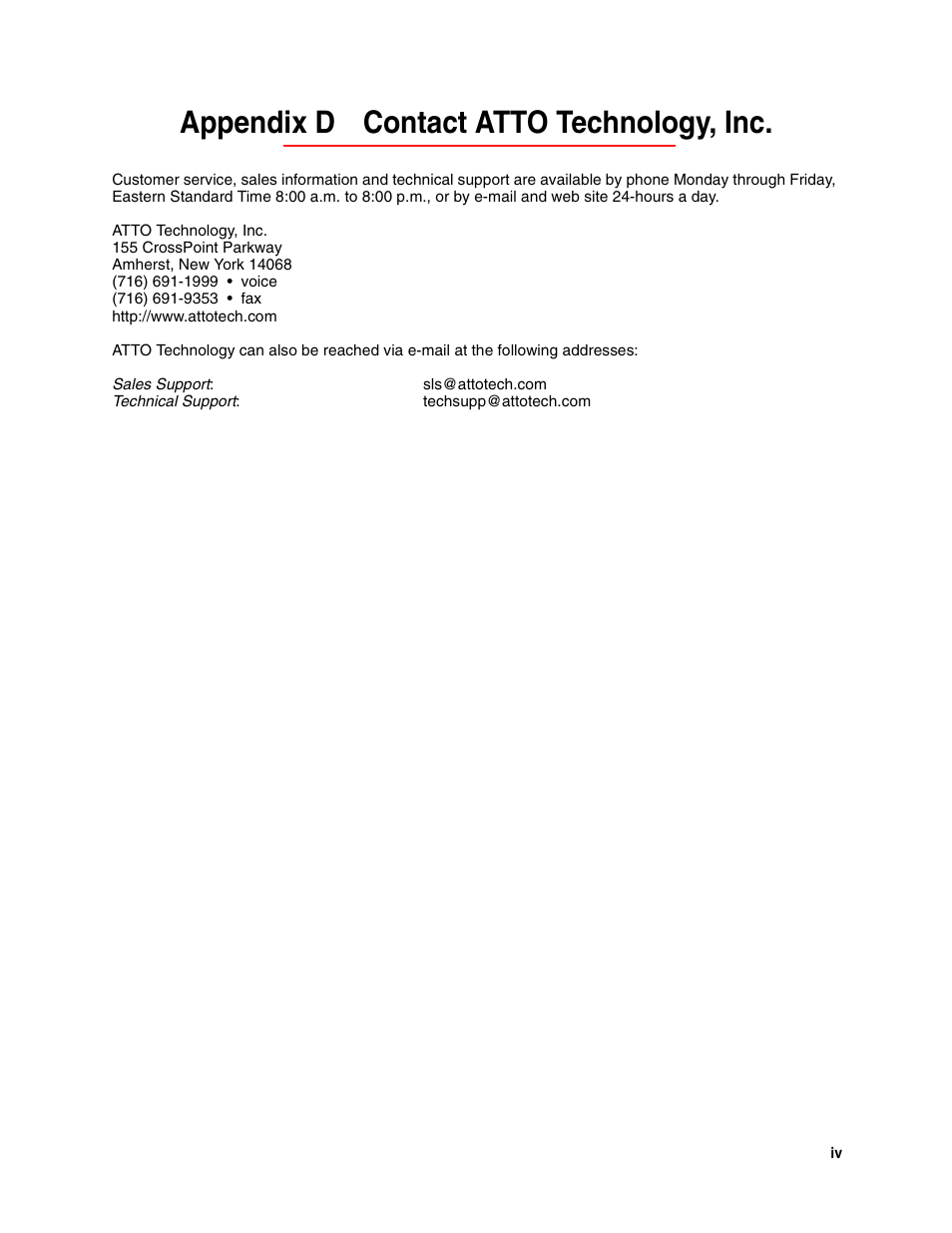 Appendix d contact atto technology, inc | ATTO Technology FC 3300 User Manual | Page 17 / 17
