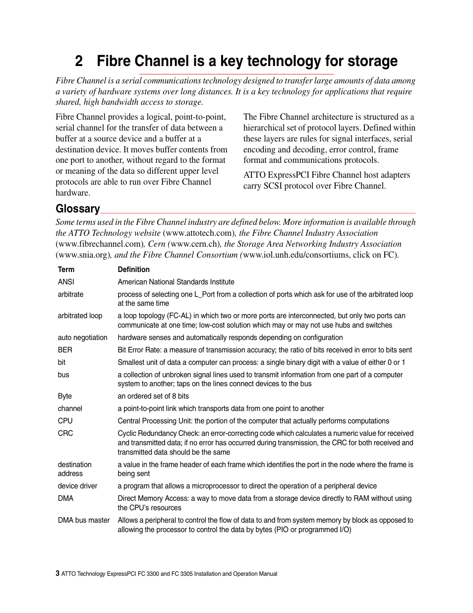 2 fibre channel is a key technology for storage, Glossary | ATTO Technology FC 3300 User Manual | Page 6 / 17