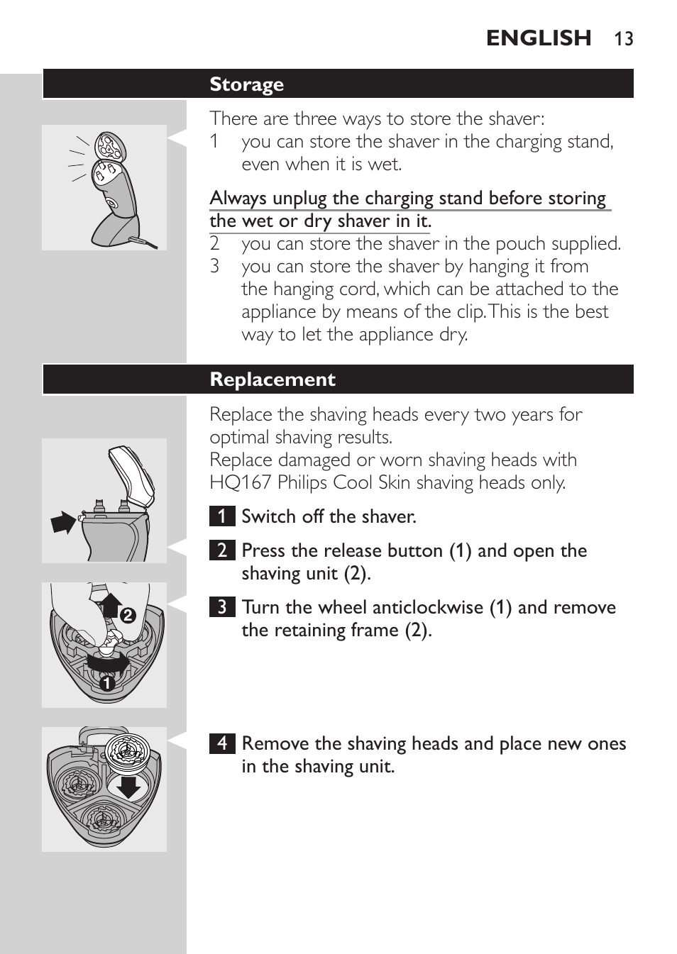 Storage, Replacement, English | Philips Afeitadora NIVEA FOR MEN User Manual | Page 11 / 92