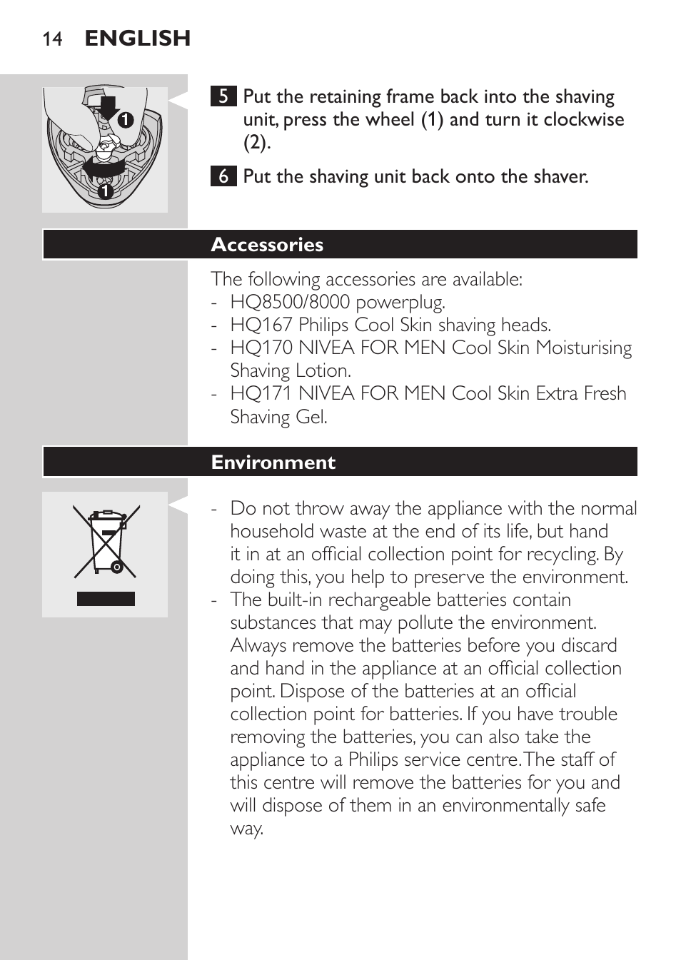 Accessories, Environment, English | Philips Afeitadora NIVEA FOR MEN User Manual | Page 12 / 92