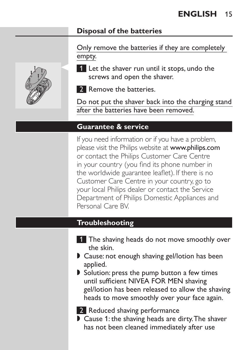 Disposal of the batteries, Guarantee & service, Troubleshooting | Philips Afeitadora NIVEA FOR MEN User Manual | Page 13 / 92